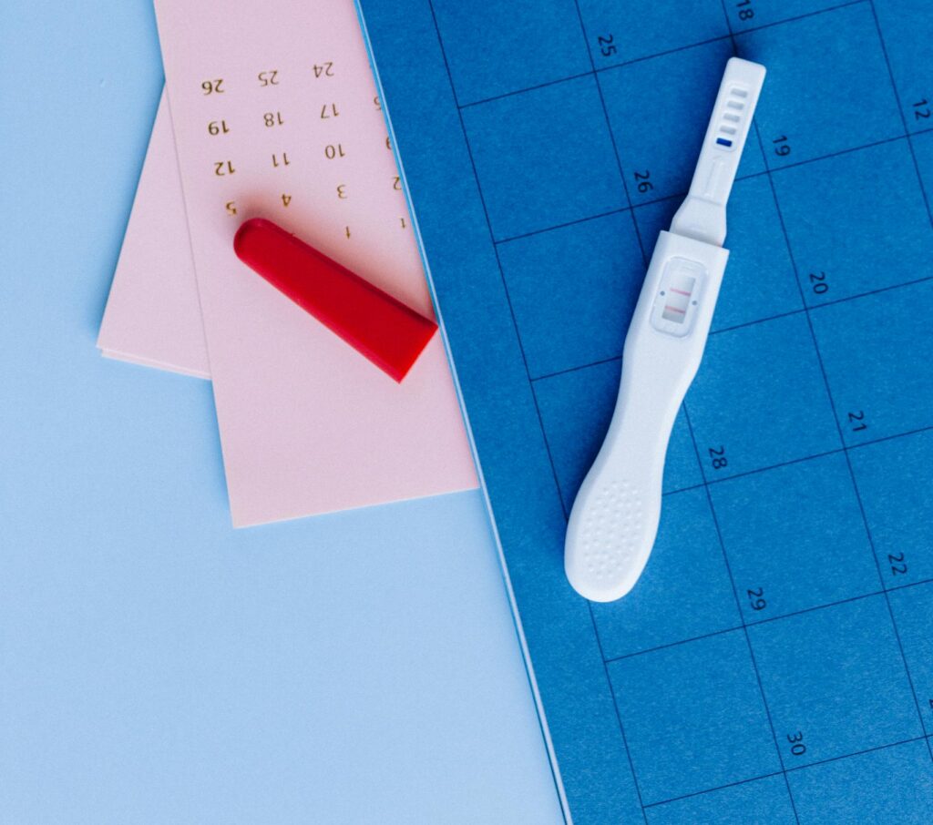 Positive pregnancy test on a calendar with eucalyptus leaf and red cap.